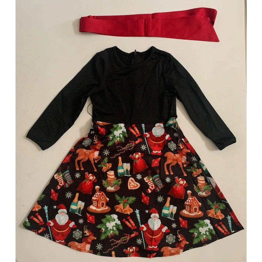Christmas Dress Size 4-5 Years Girls Kids Long Sleeve Dress Holiday - Picture 9 of 12